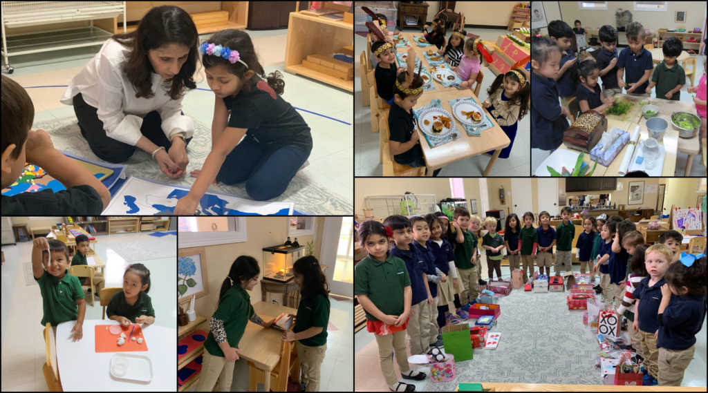 Collage of primary students studying, eating, and exchanging gifts